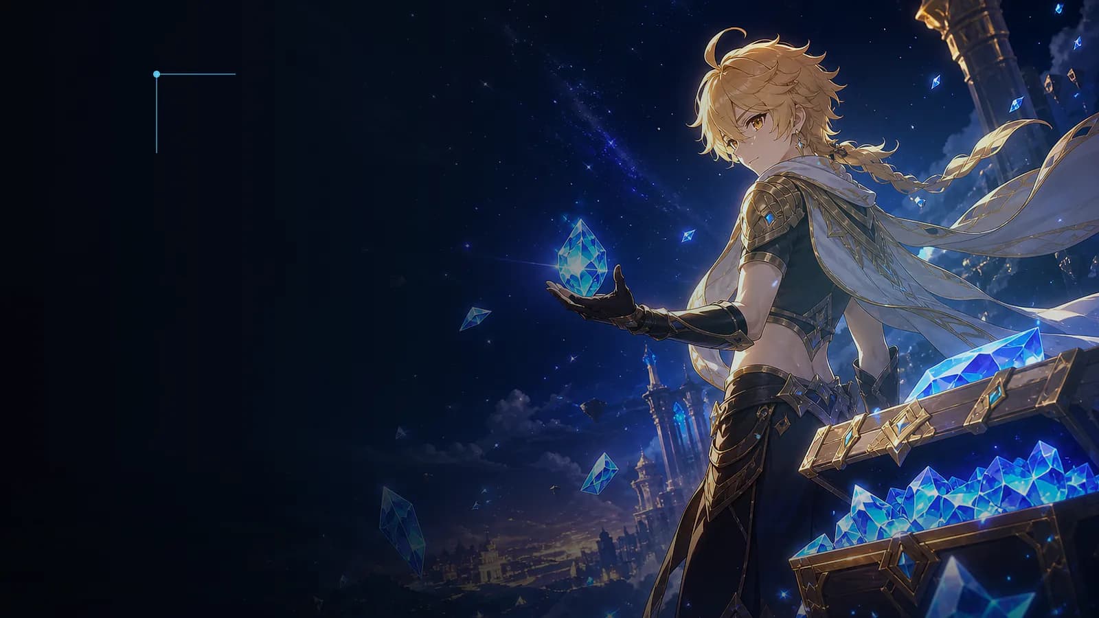 Genshin Impact Traveler beside a chest of glowing Genesis Crystals