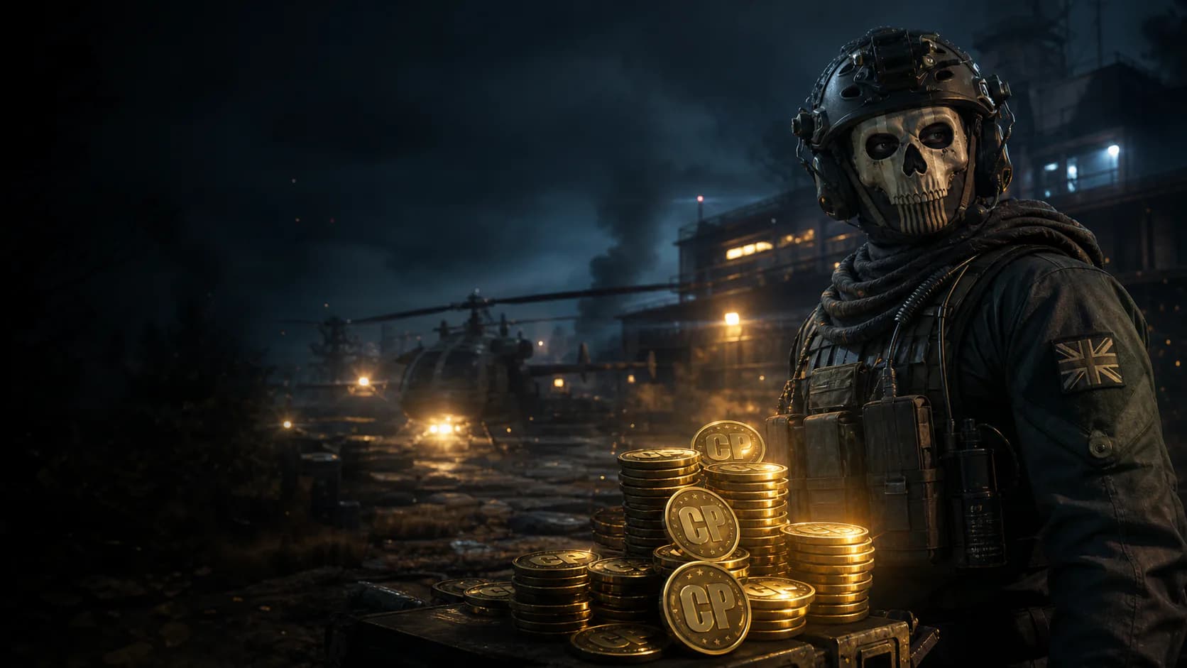 Call of Duty operator beside glowing COD Points at a night operations base