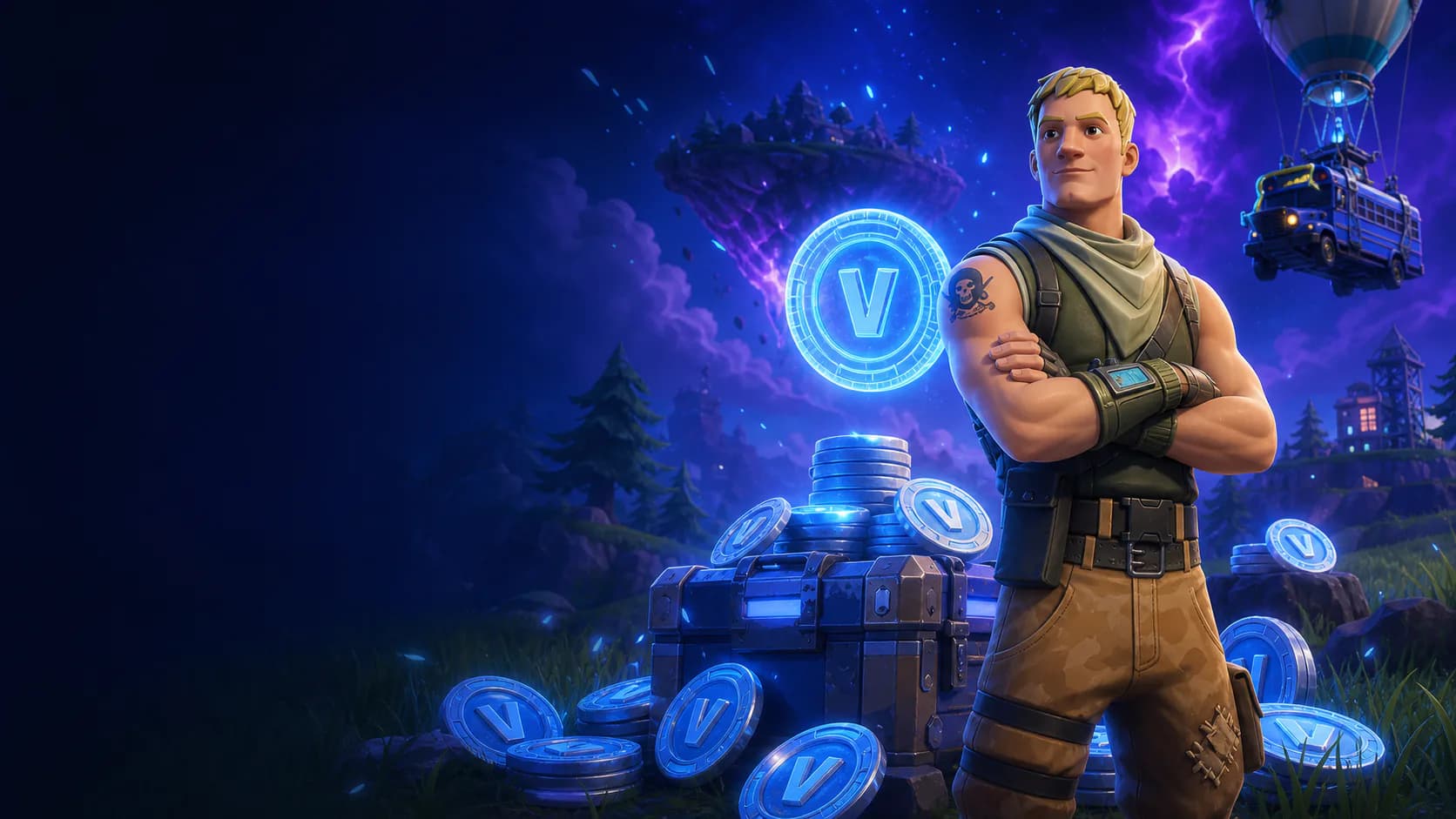 Fortnite hero beside glowing V-Bucks on the island at night