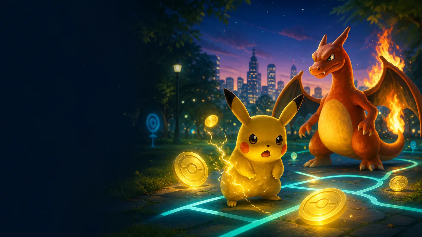 Pokémon companions beside glowing PokéCoins in a city park at twilight