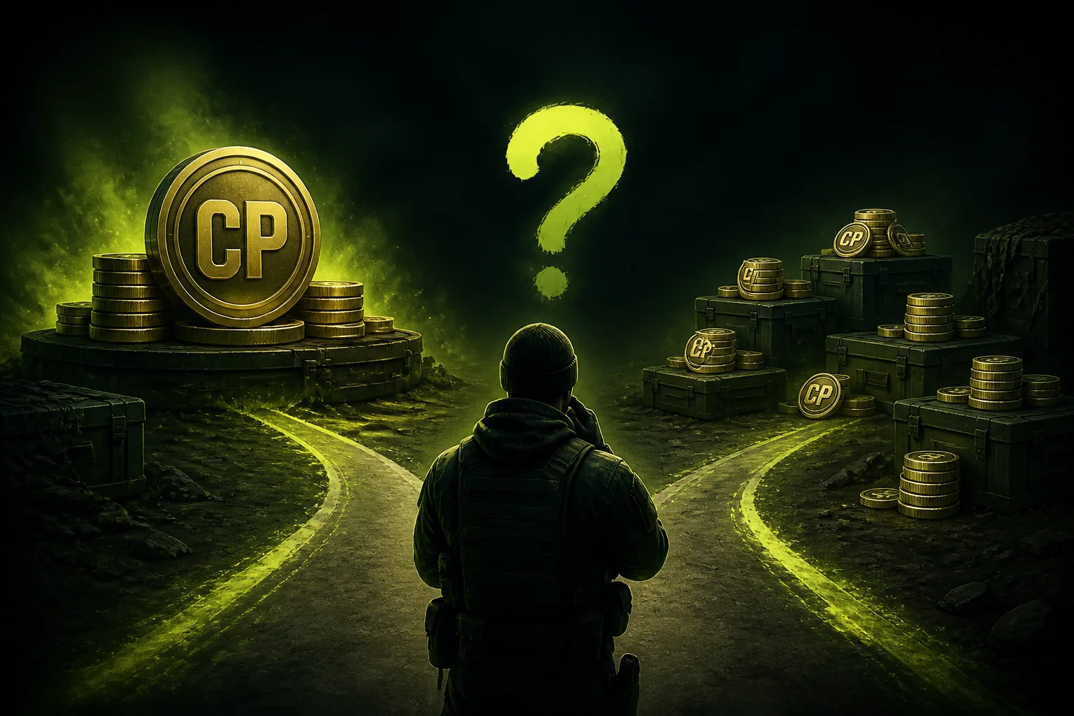 A silhouetted player stands at a forked road between one large COD Points coin stack and several smaller stacks, beneath a glowing question mark in a dark green and lime scene.
