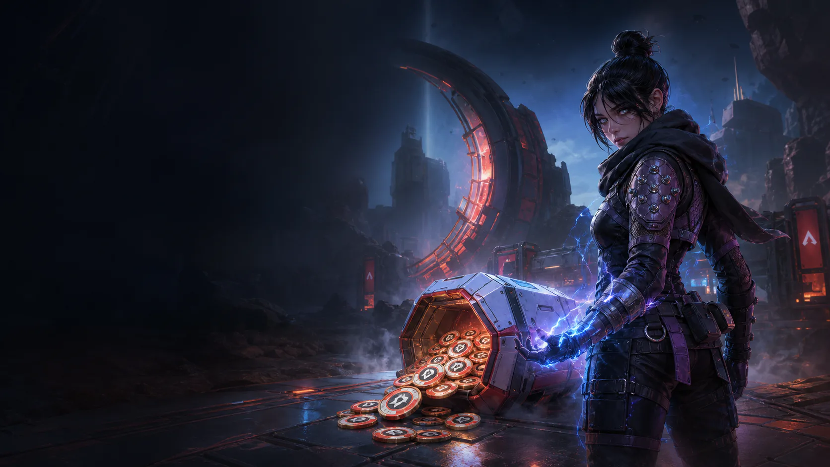 Apex Legends character beside a supply container of Apex Coins