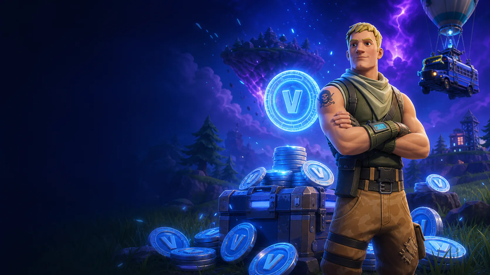 Fortnite hero beside glowing V-Bucks on the island at night