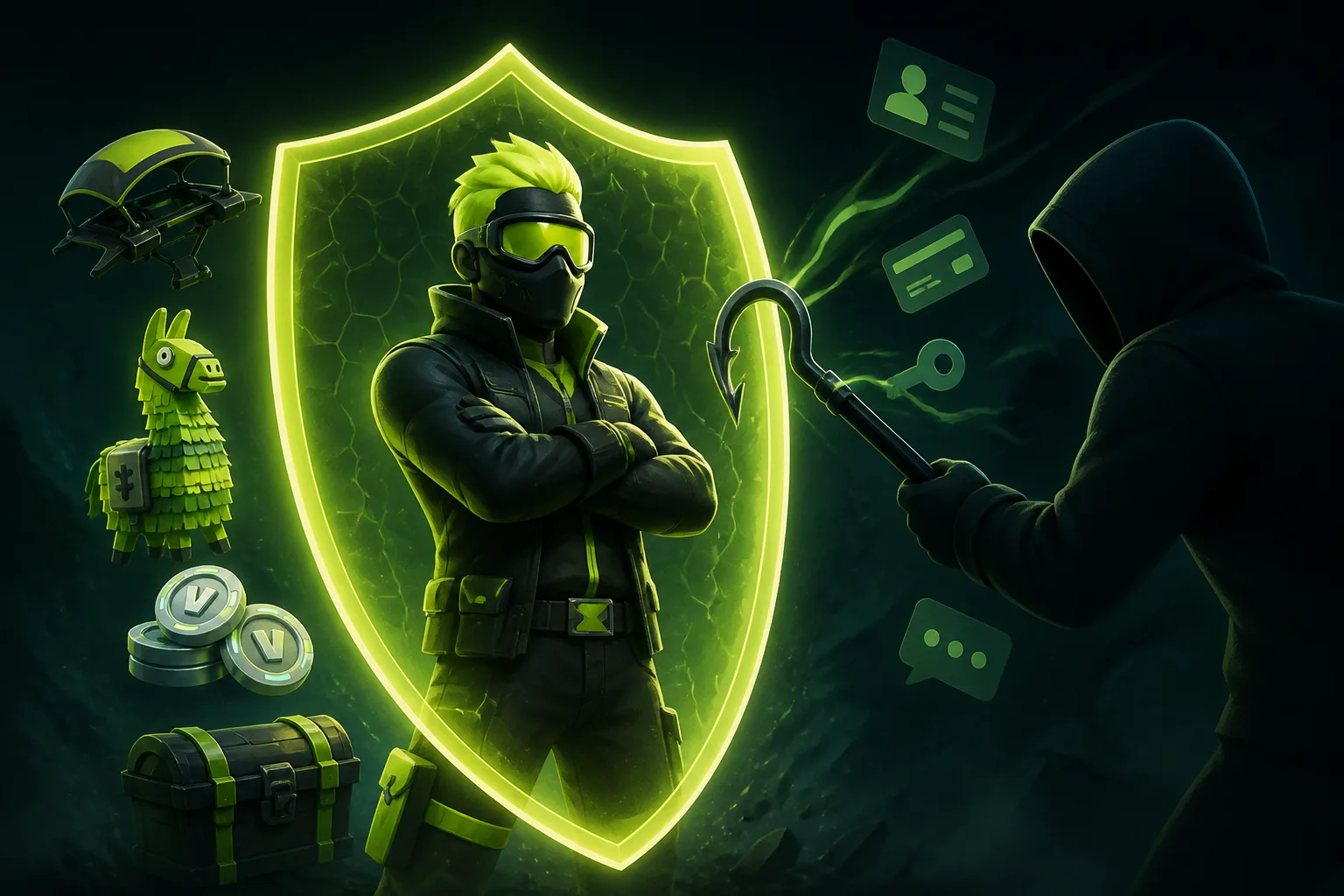 Fortnite-style player protected by a glowing lime shield while a hooded figure reaches toward account and payment symbols.