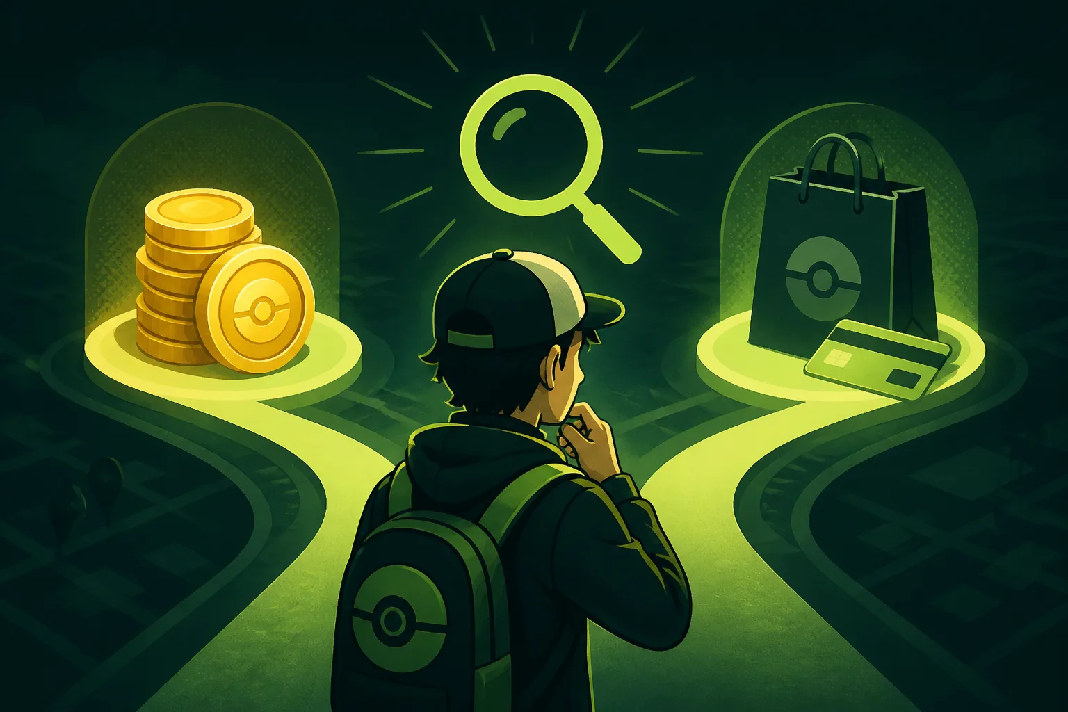 A Pokémon GO-style player with a backpack stands at a forked path, examining a choice between stacked PokéCoins and a shopping bag with a payment card under a glowing magnifying glass.