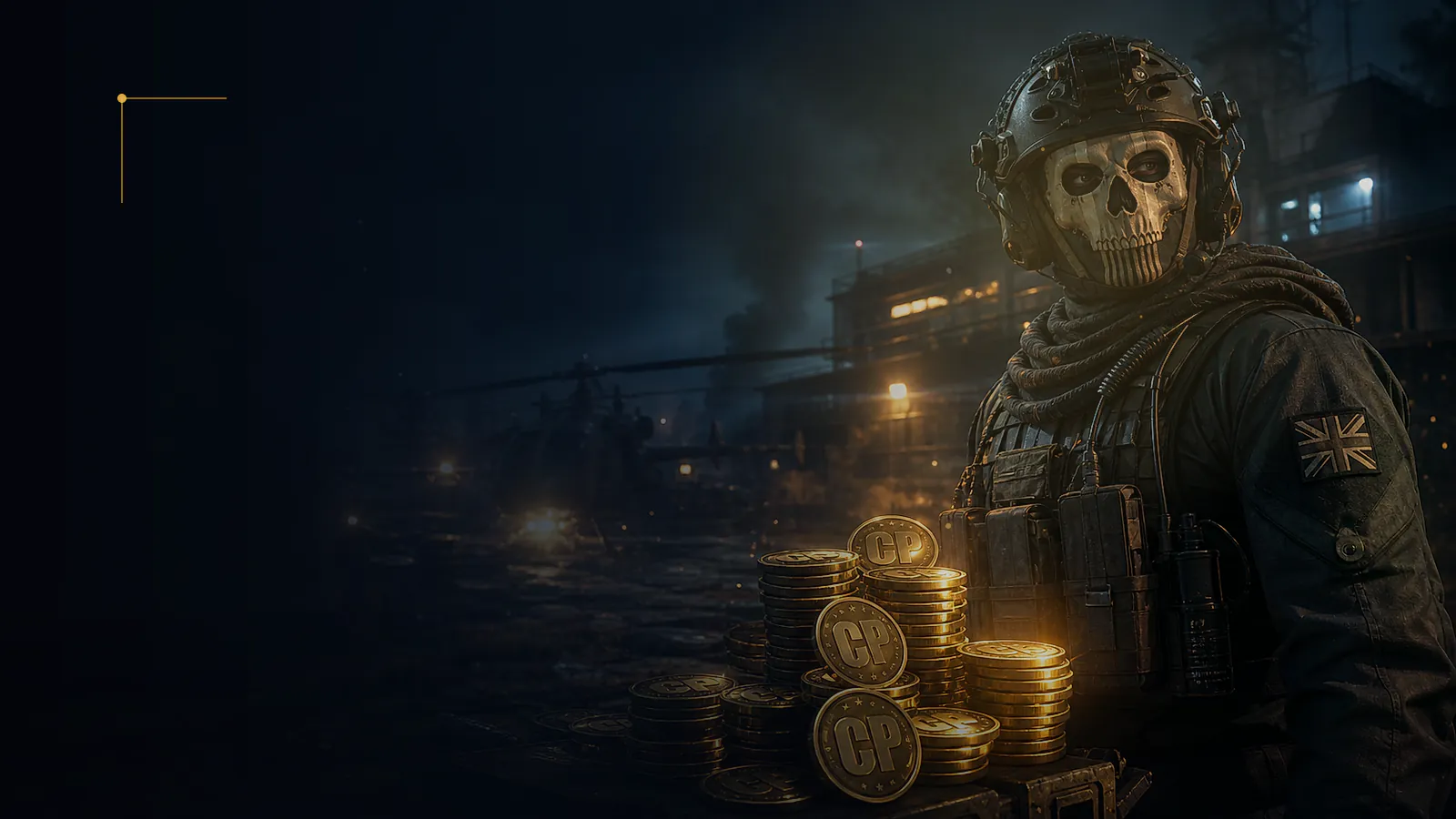 Call of Duty operator beside glowing COD Points at a night operations base
