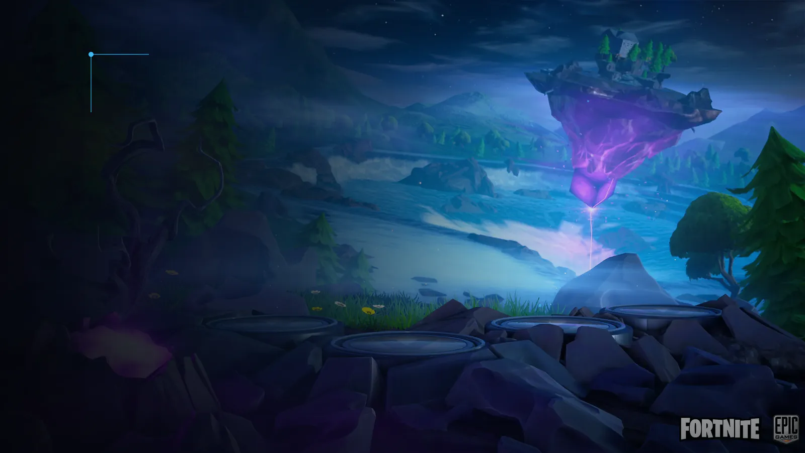 Fortnite hero beside glowing V-Bucks on the island at night