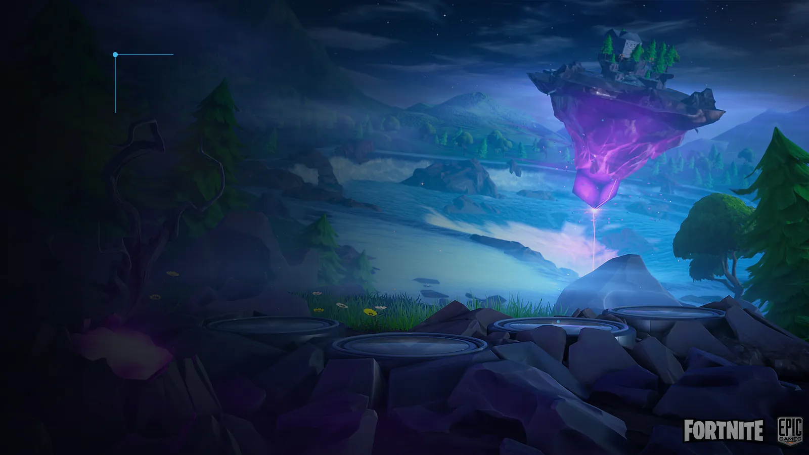 Fortnite floating island over a blue nighttime landscape