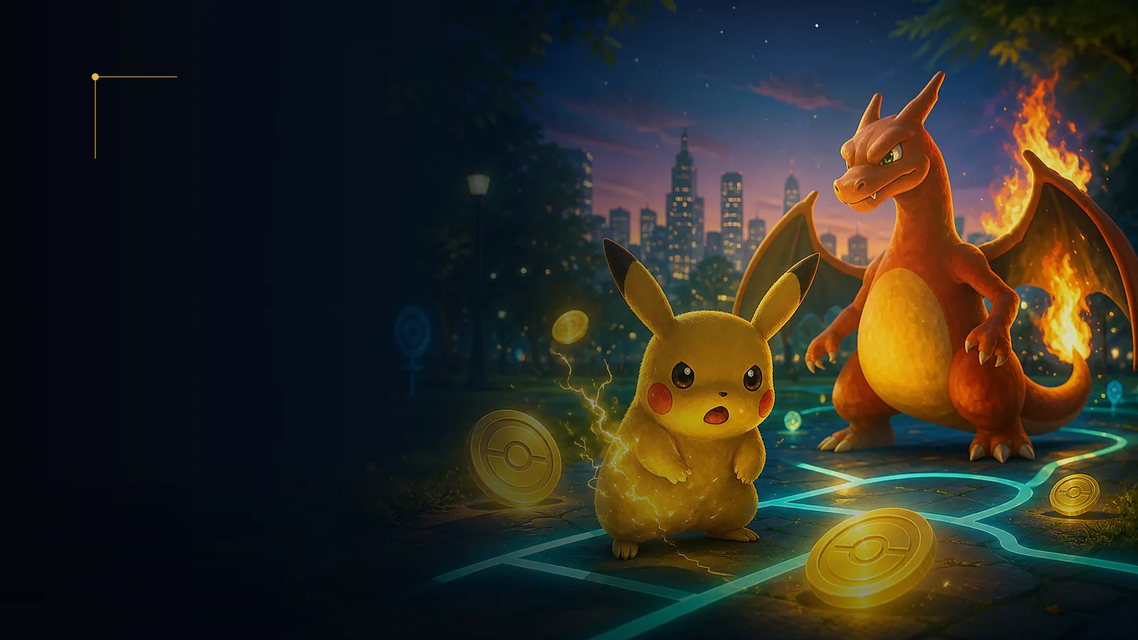 Pokémon characters in a dramatic fire-lit city scene