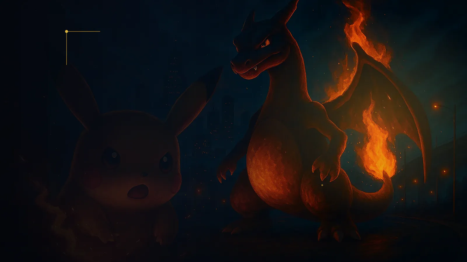Pokémon companions beside glowing PokéCoins in a city park at twilight