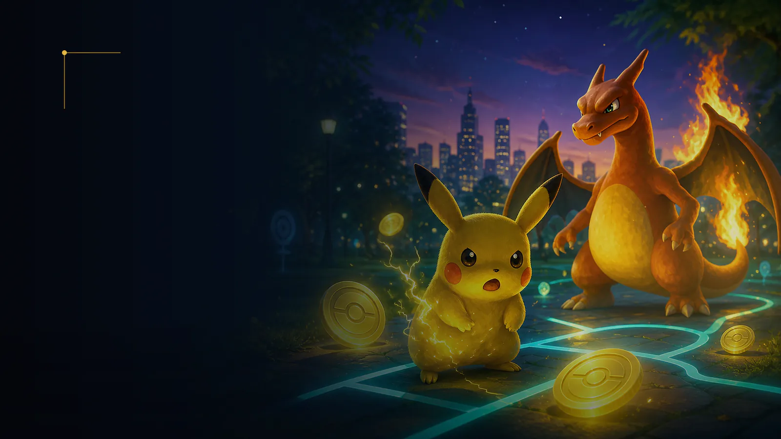 Pokémon companions beside glowing PokéCoins in a city park at twilight