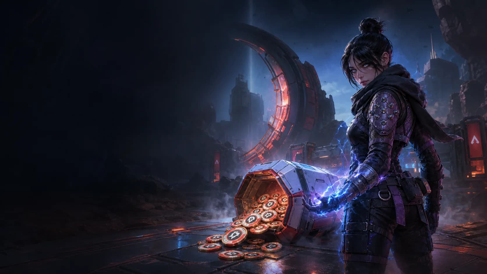 Apex Legends character beside a supply container of Apex Coins