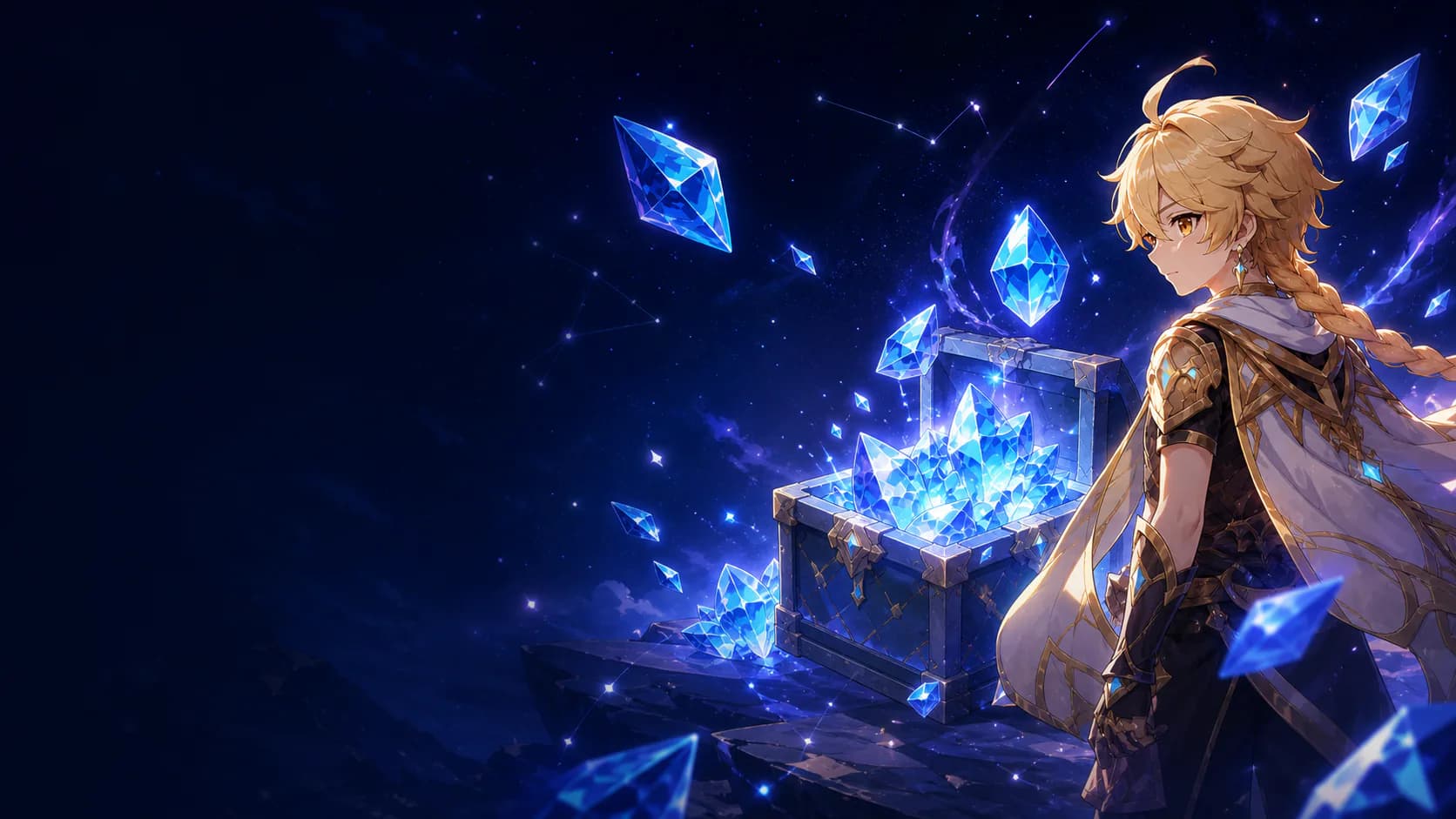 Genshin Impact Traveler beside a chest of glowing Genesis Crystals